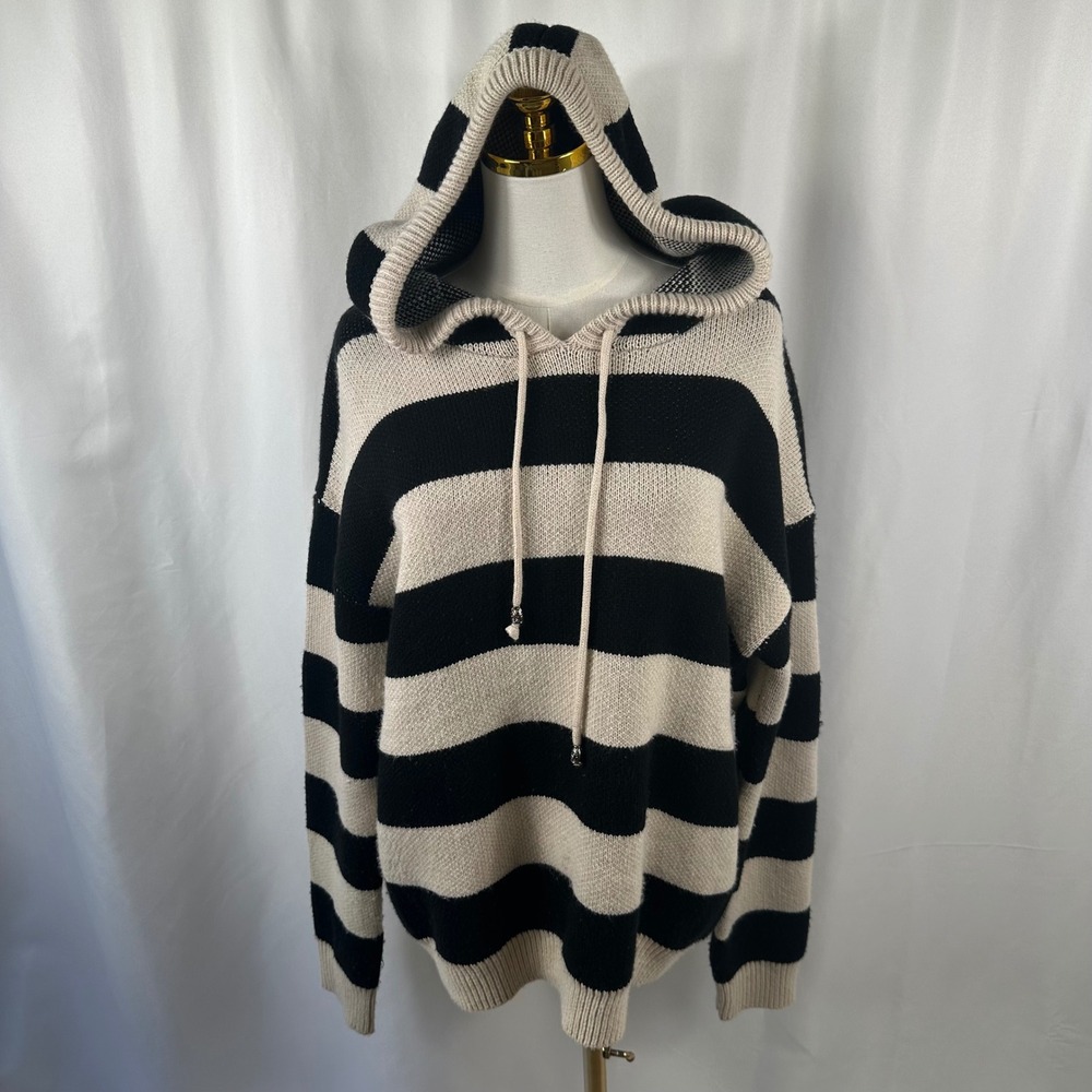 POL Sweater Hoodie Womens S Black Beige Striped Oversized Knit Pullover Top